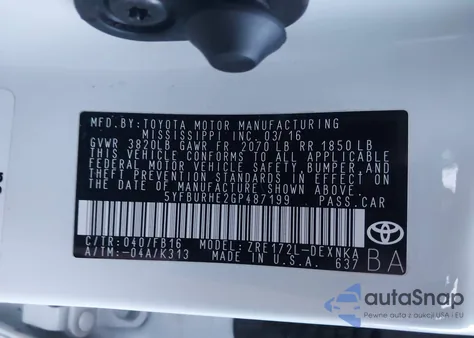 2016 Toyota Corolla Le from USA, damaged, VIN 5YFBURHE2GP487199